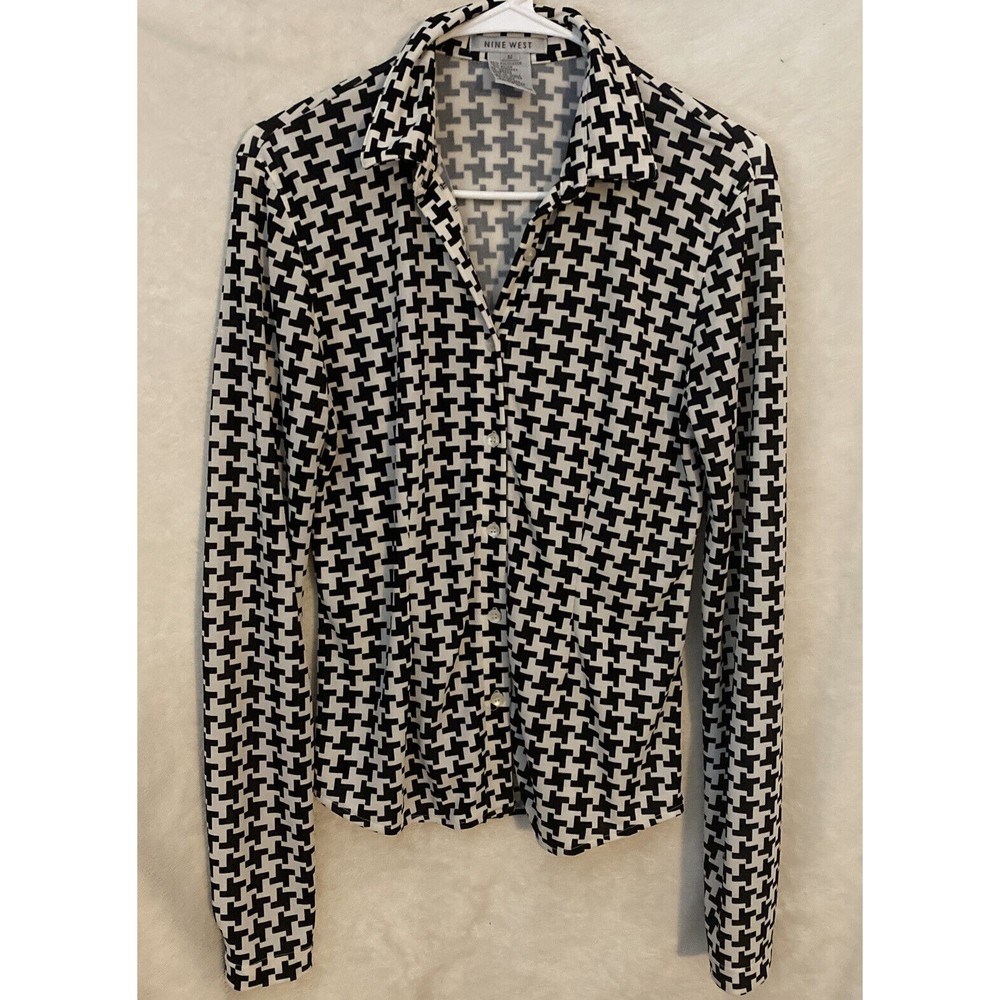 Nine West Blouse Size Small Black White Geometric Button Front Long Sleeve